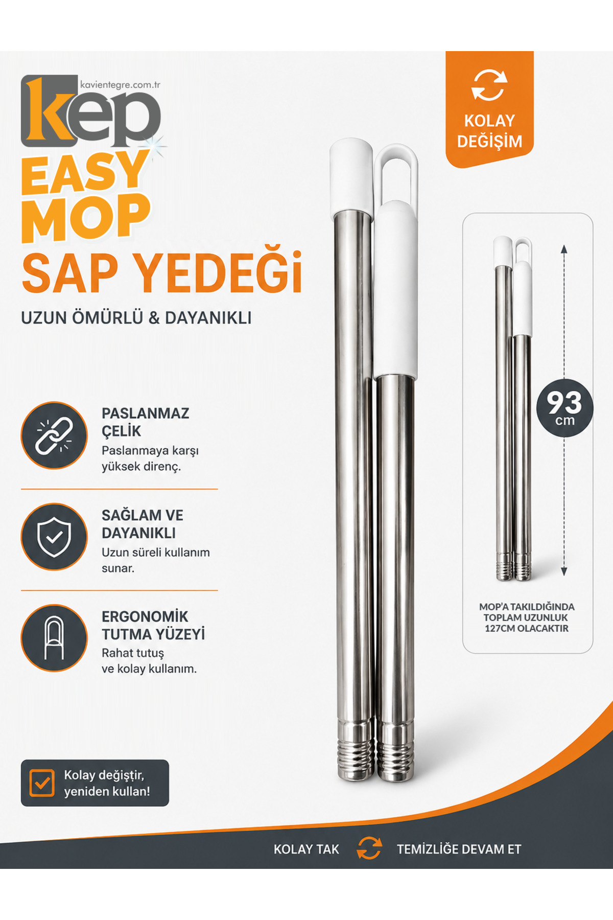 Easy Mop 93 Cm Yedek Sap Metal Temizlik Sapı Mop Sapı (Fırçalara uygun değildir.) - 153.TEM.MOP.SET.05 - KP500YEDEKSAP