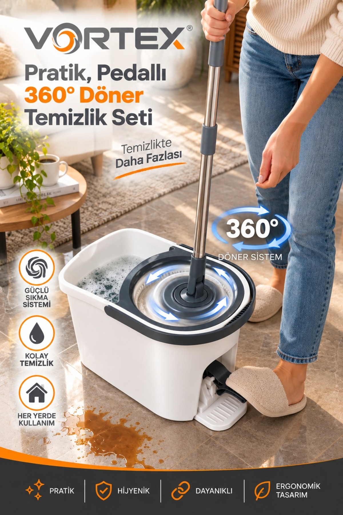 Vortex Pedallı 360° Döner Temizlik Seti Mikrofiber Mop Seti Kovalı Yer Temizleme Seti - 8683642246016 - KP601
