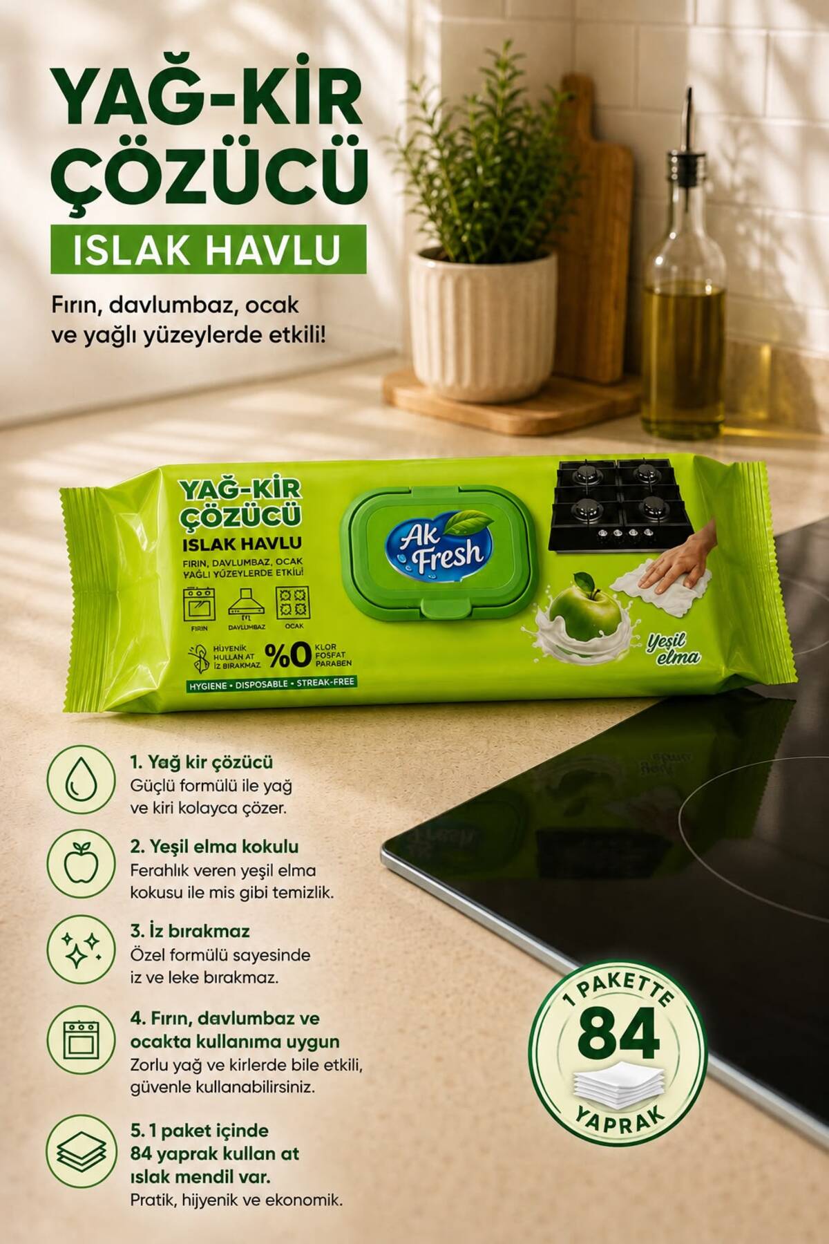 Yağ Kir Çözücü Islak Havlu Elma Kokulu 84 Yaprak Fırın Ocak Davlumbaz Temizlik Mendili - 8683642246511 - KP651