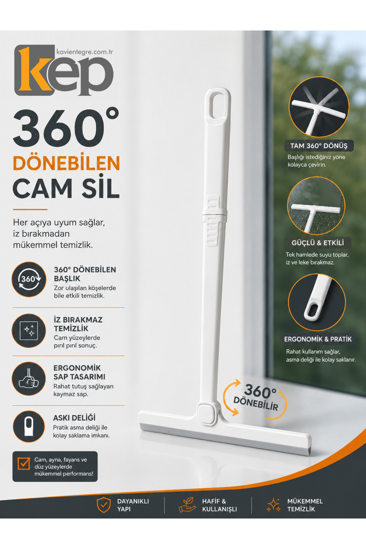 360 Derece Döner Başlıklı Camsil Cam Çekçek Duşakabin Tezgah Cam Sileceği Oto Cam Temizleme Aparatı - 8683642240649 - KP064
