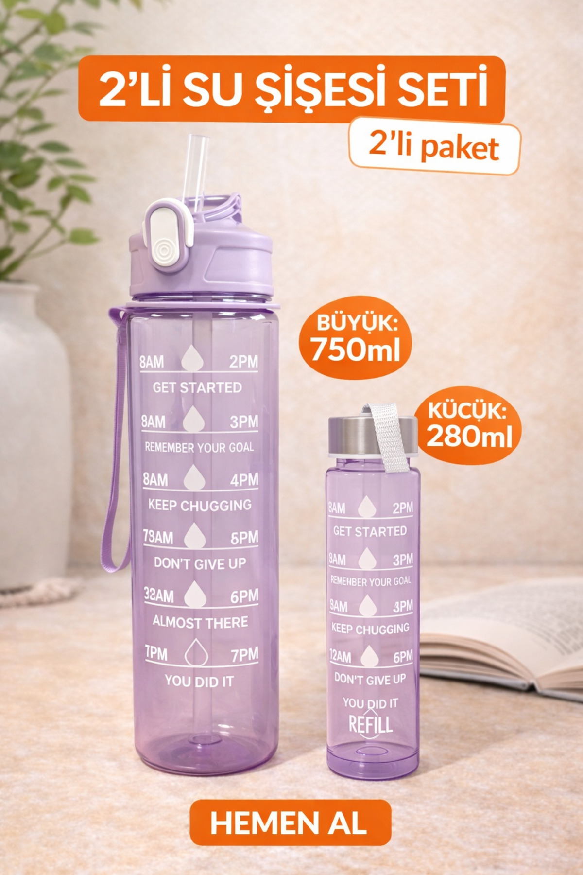 750ml ve 280ml Suluk, Çocuklar, Sporcular Ve Günlük Kullanıma Uygun, Bpa Içermez. - matara001mor - matara001