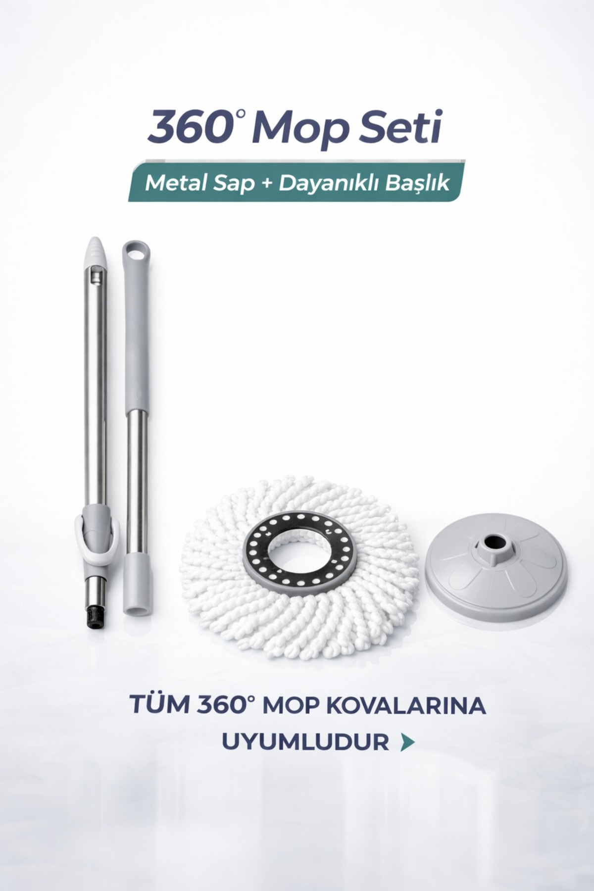 360 Derece Mop Seti Metal Saplı Püsküllü Başlıklı Temizlik Seti (KOVASIZ) - 8683642240069 - KP006