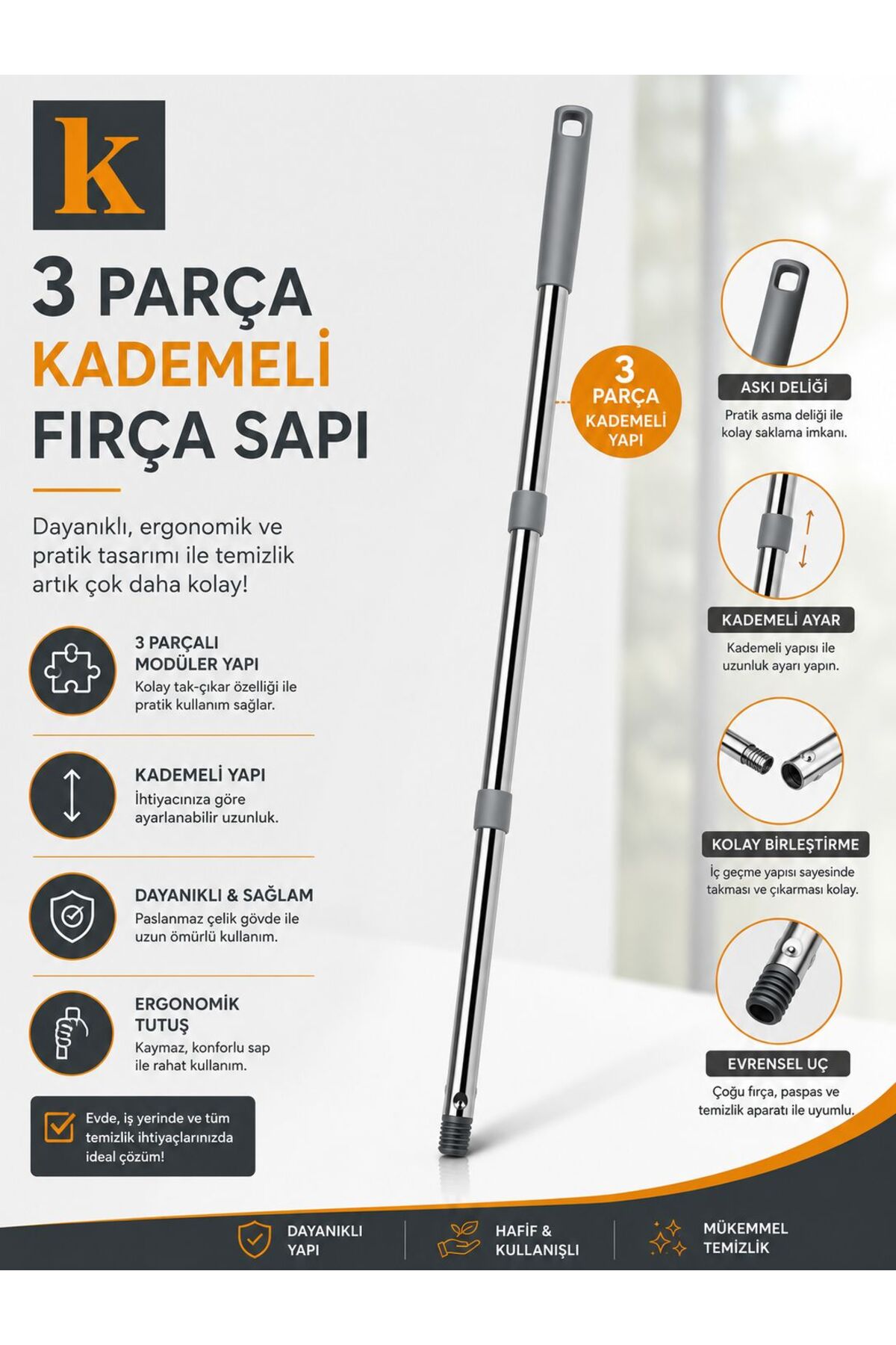 3 Parça 120 cm Vidalı Mop & Fırça & Oto Fırça Sapı | Ayarlanabilir Uzunluk (Kısa-Orta-Uzun) | Sağlam - PLASTİKFLATMOPSAP - 152.TEM.Sap.001.02